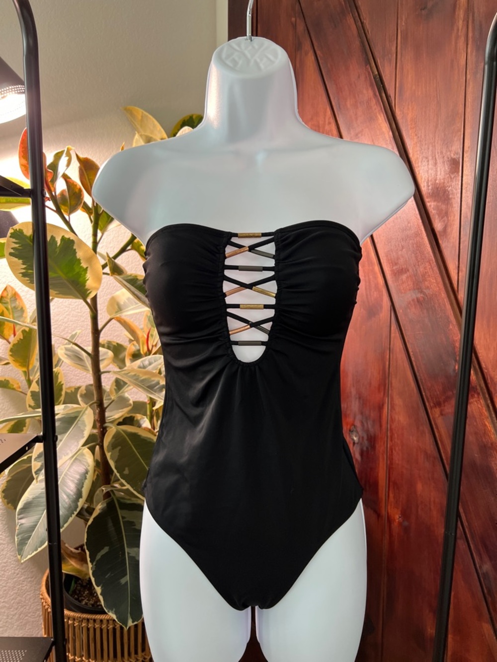 Black Strapless Lace-Up One-Piece Swimsuit